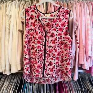 kate spade Pink Floral Rose Print Sleeveless Silk Blouse with Black Trim